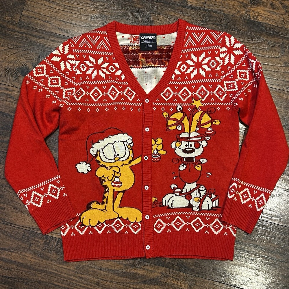 Garfield & Odie Red & Orange Cartoon Comic Ugly Christmas Sweater Size Medium